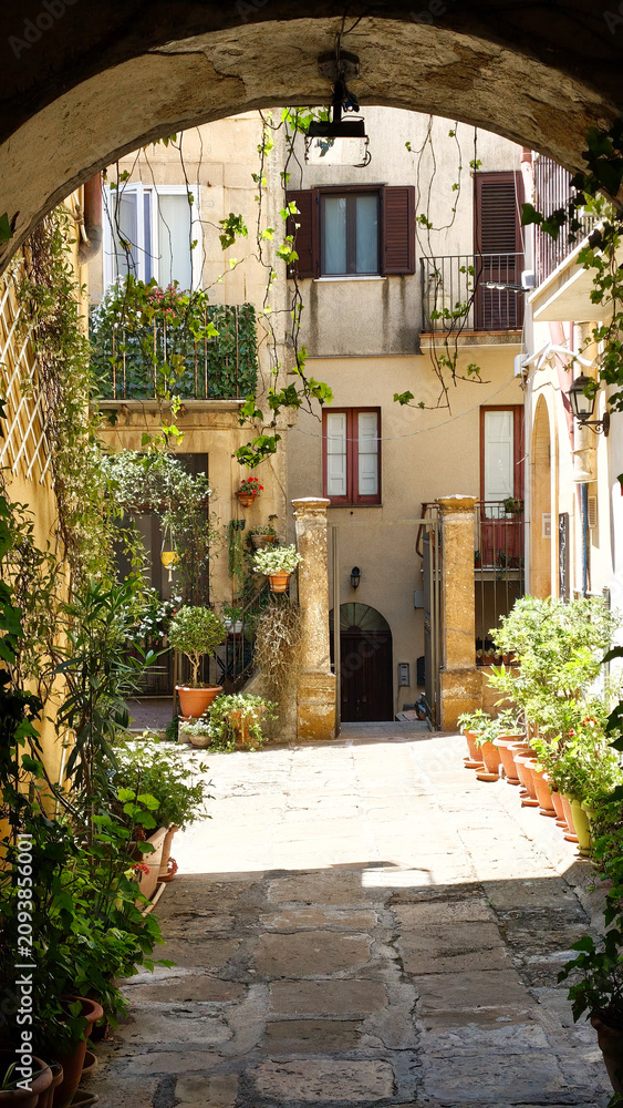 Obraz premium narrow street in the old town. The old Italian court. Old Sicilian Street. The old courtyard of the city of Enna.