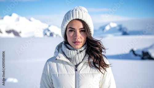 A woman in winter gear stands against a snowy landscape