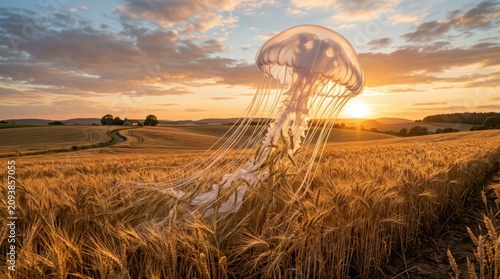 Surreal Jellyfish Floating Over Golden Wheat Field at Sunset.