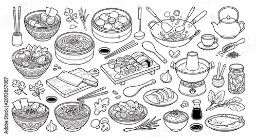 Foto Asian food line art collection, Japanese and Chinese cuisine vector icons, hand