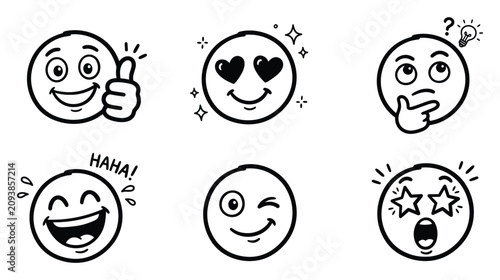 Expressive Social Media Avatars Vector Doodle Icon Set: Hand Drawn Minimalist Chat Reaction Faces Featuring Grinning Like, Sparkle Love, Idea Thinker, Crying Laugh, Wink and Shocked Star Eyes