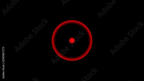 A glowing circle on a black background surrounds a red pulsing dot. This isolated looped animation has an alpha channel. on transparent background.