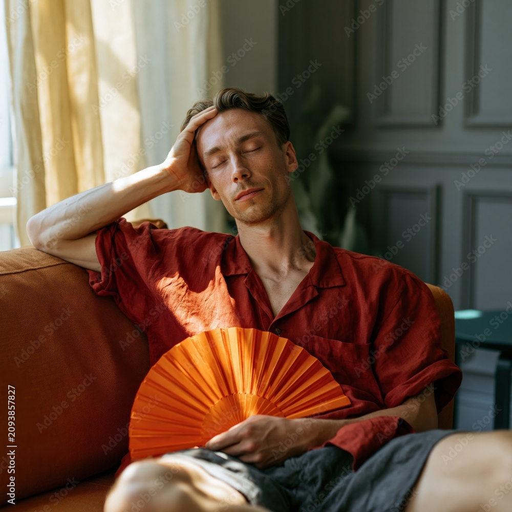 Fototapeta premium Man reclining on sofa with orange folding fan cooling himself in soft sunlight for summer lifestyle background and relaxation imagery