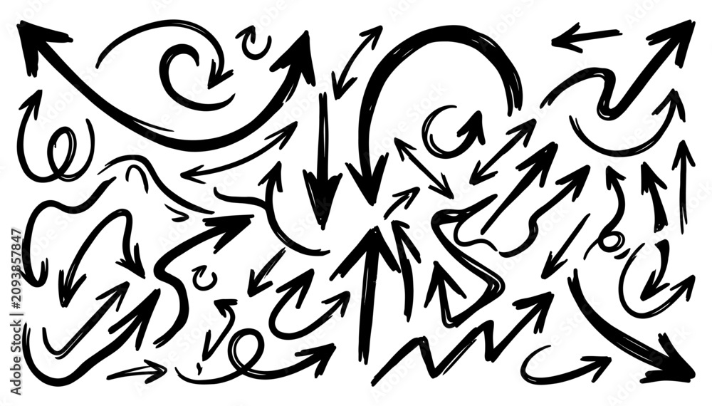 Fototapeta premium Hand drawn arrow collection diverse black sketch arrows for directional signage and creative design elements