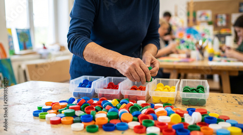 Hands sorting plastic bottle caps for a recycling art project — community sustainability and creative reuse concept.
