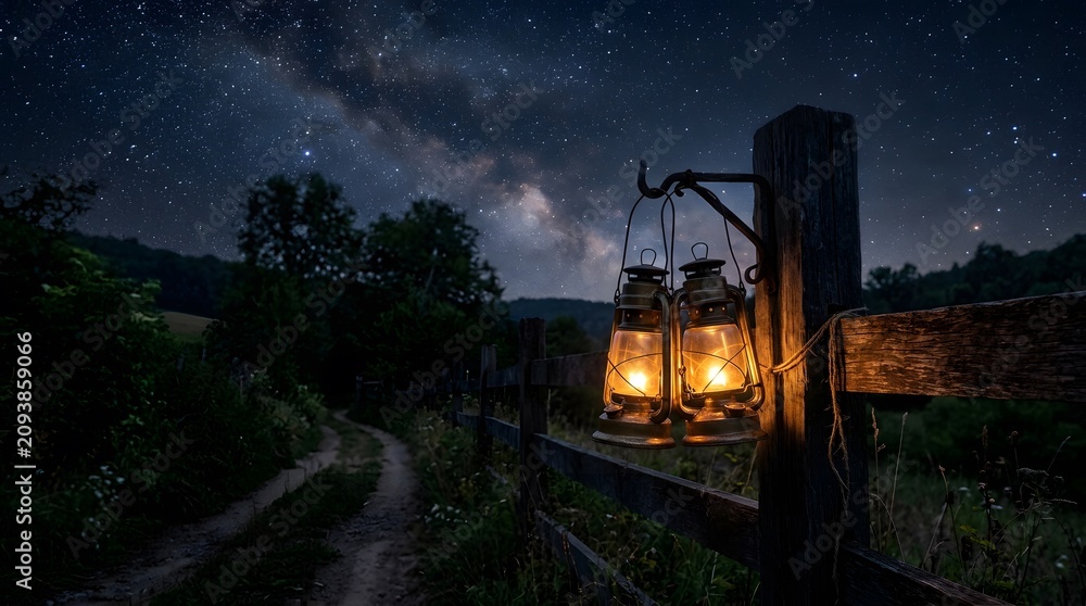 Obraz premium Rural night scene with lanterns and milky way
