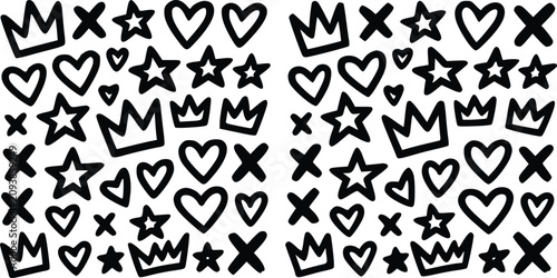 Bild auf Leinwand A black and white vector illustration featuring hand drawn doodle shapes including crowns, hearts, stars and crosses in repeat patterns
