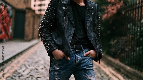 A person wearing a black spiked leather jacket and ripped blue jeans standing on a cobblestone street