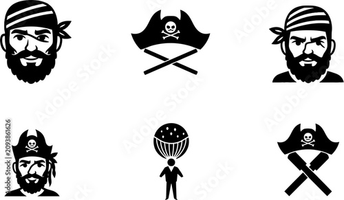 Schilderij op canvas Pirate faces and symbols with crossed swords and hat are shown.