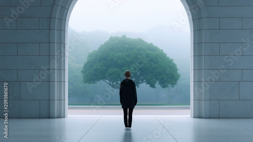 Back view of person standing under large stone archway looking at green tree in morning fog