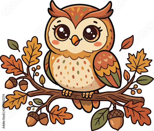 Cute cartoon owl character sitting on a tree branch with autumn oak leaves vector illustration
