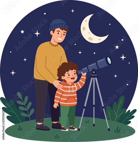 Father and son looking through a telescope at night sky with crescent moon vector illustration

