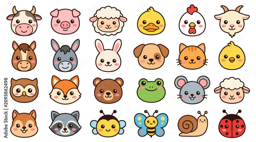 Fototapeta premium Collection of cute farm and forest animal faces