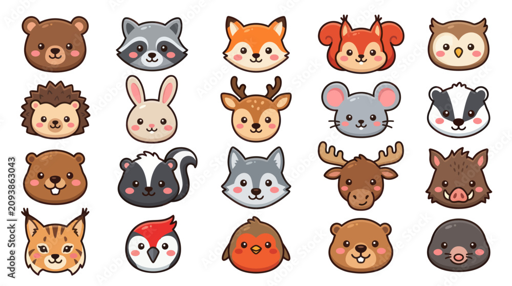 Fototapeta premium Collection of cute woodland animal faces
