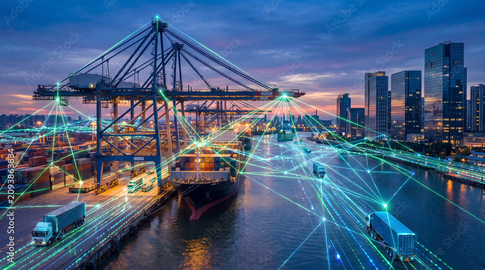 Obraz premium Smart harbor industrial cityscape with digital logistics network and cargo shipping at twilight