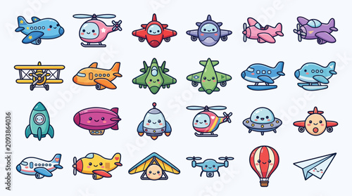 Cute cartoon aircraft and flying vehicles collection