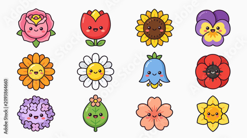 Schilderij op canvas Cute cartoon flowers with faces collection
