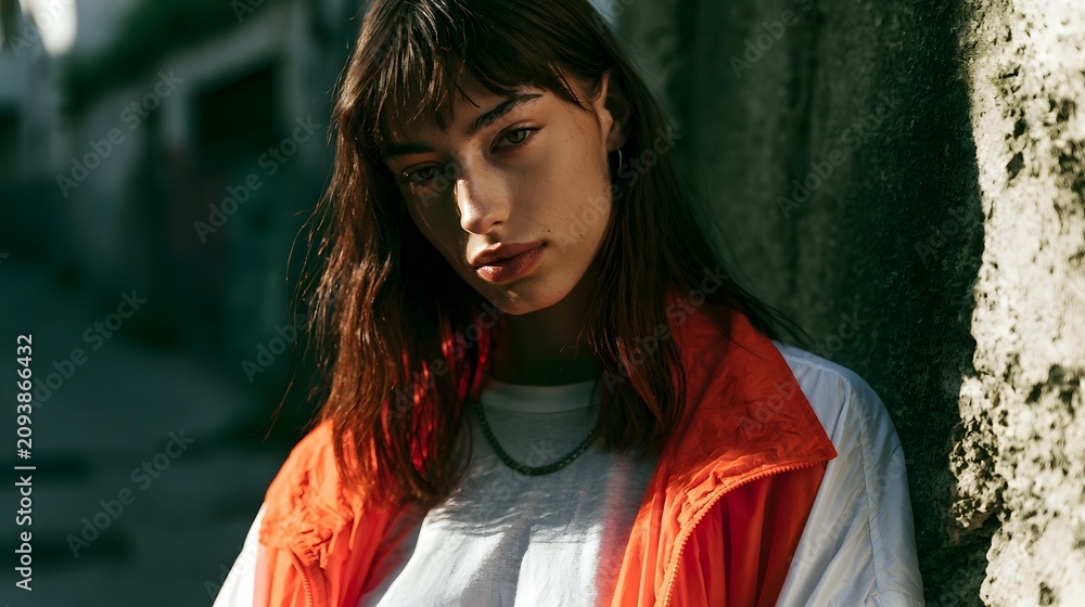 Fototapeta premium A young woman with dark hair and bangs wears an orange and white jacket while leaning against a textured concrete wall under bright sunlight