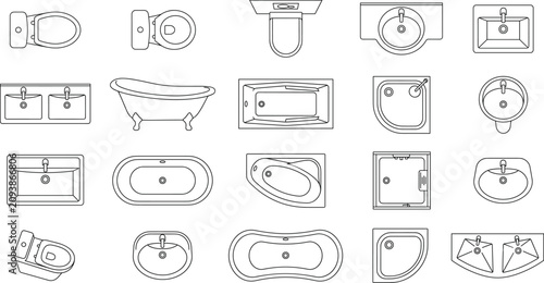 Bathroom plumbing fixtures icons set with top view bathtub toilet and sink outline vector elements