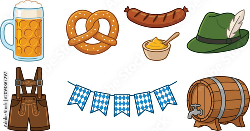 Fotografía Oktoberfest German Festival Vector Icon Set Featuring Beer, Pretzel, Sausage, Le