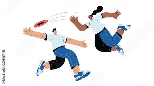 Man and woman jumping and running to catch a red flying disc or frisbee, illustrating outdoor sports, fitness, and active lifestyle.