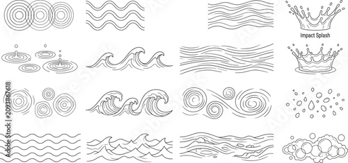 Fotografie Water waves ripples and impact splash vector icons set line art fluid illustrati