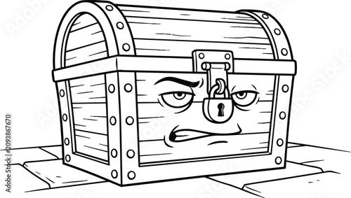 Cartoon vector treasure chest with angry face in line art style on wooden planks
