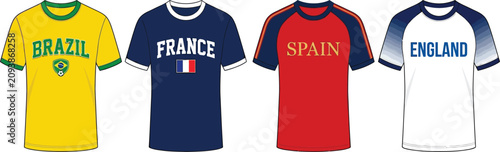 Quadro su tela Soccer national team jerseys collection brazil france spain and england football t shirts