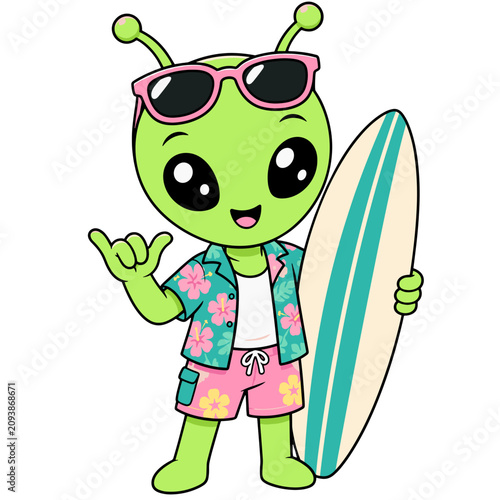 Cute Kawaii Green Alien Surfer Cartoon Character with Surfboard and Hang Loose Gesture Vector Illustration SVG on Transparent Background