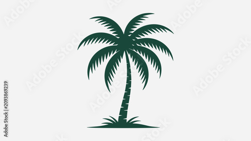 Minimalist silhouette of a dark green palm tree with wide fronds and a textured trunk against a light grey background.