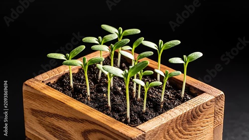 Young green seedlings growing in wooden planter box.