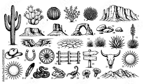 Wild West Desert Sketch Vector Collection with Arizona Cactus Rocks Mountains and Hand Drawn Landscape Elements