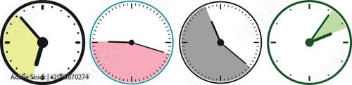 Photos Minimalist analog clock icons with colorful time segments, set of 4 round watch