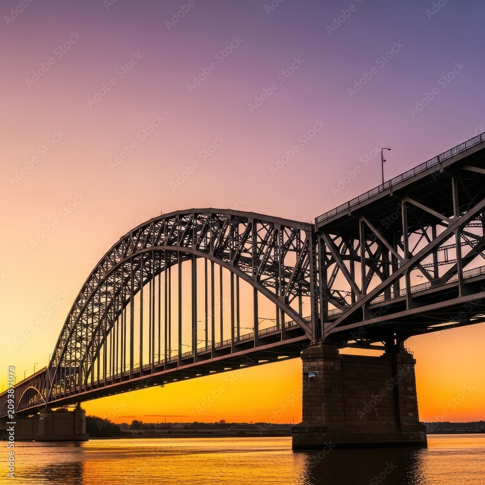 Obraz premium A massive steel arch bridge spans across a wide river under a golden sunset sky, showcasing intricate industrial architecture and engineering, iron, connection, transit