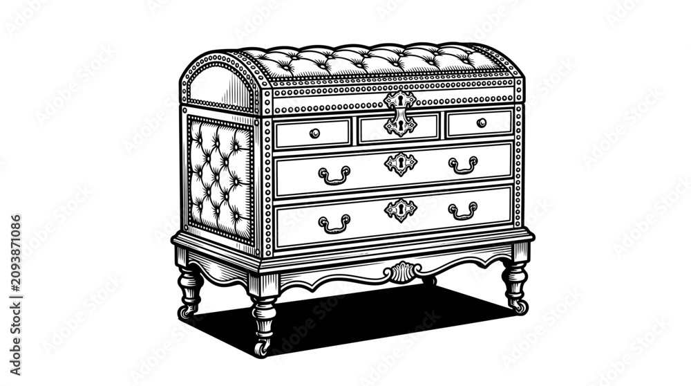 Obraz premium Antique dresser with tufted upholstery top panel.