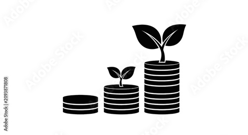 Vector illustration of growing plant on stack of coins, investment and financial growth concept on a transparent background