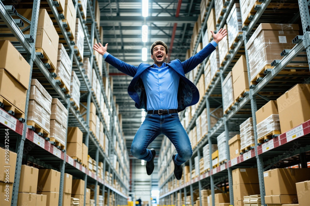 Naklejka premium Happy businessman jumps in warehouse with arms raised. Excited man in blue suit celebrates career growth between metal storage shelves with cardboard boxes. Successful manager smiles in industrial