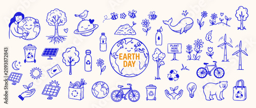 Earth Day Illustrations: A collection of charming, hand-drawn illustrations depicting elements associated with Earth Day, celebrating nature, conservation.