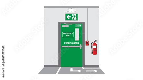 Emergency Exit Door with Fire Extinguisher and Safety Signs