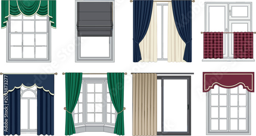 Εκτύπωση καμβά Collection of Window Curtain Illustrations Featuring Swag Curtains, Roman Shade,