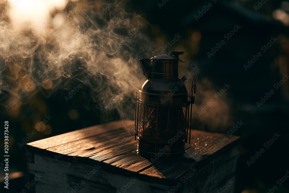 Fototapeta premium Beekeeper's smoker resting on weathered wooden hive box at dawn