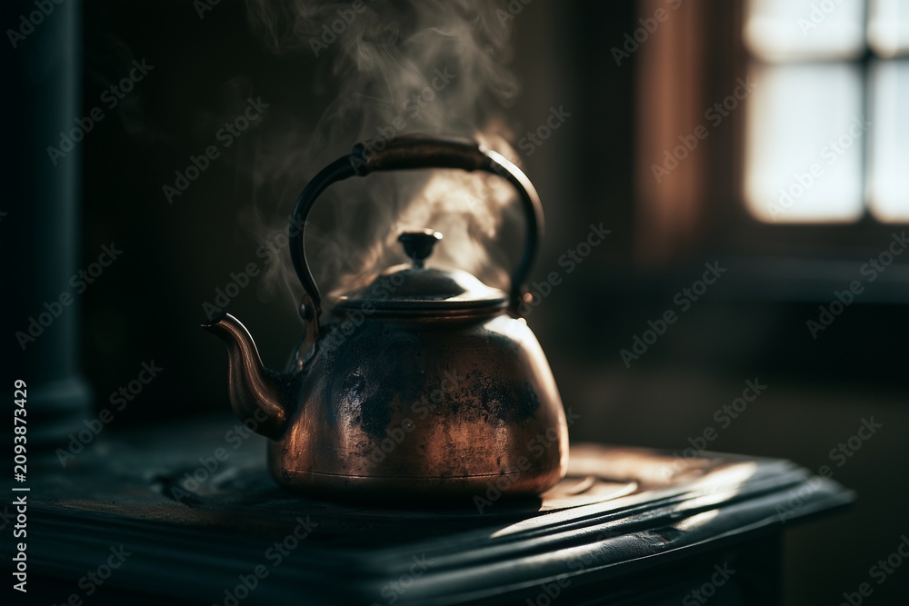 Fototapeta premium Cast iron kettle steaming on wood stove in dim cabin kitchen