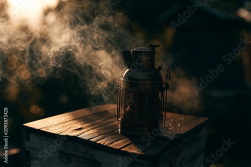 Beekeeper's smoker resting on weathered wooden hive box at dawn