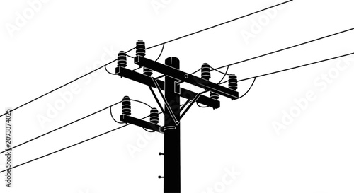 Vector illustration of silhouette of an electrical utility pole with power lines on a transparent background
