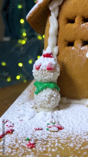 Vertical 4K food loop video close up. Snowman from coconut sweet ball with edible paint green scarf, red hat, sugar powder and icing near Christmas gingerbread house. Garland on curtain. New Year 2027