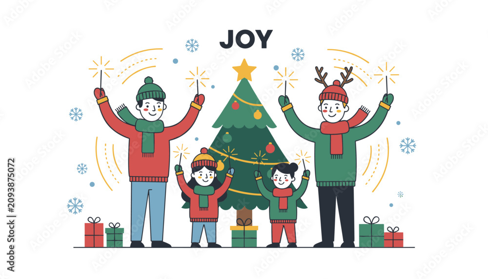 Fototapeta premium Happy family celebrating christmas and new year with sparklers around a decorated tree on a snowy backdrop.