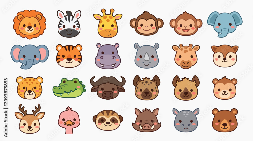 Fototapeta premium Cute cartoon safari animal faces collection