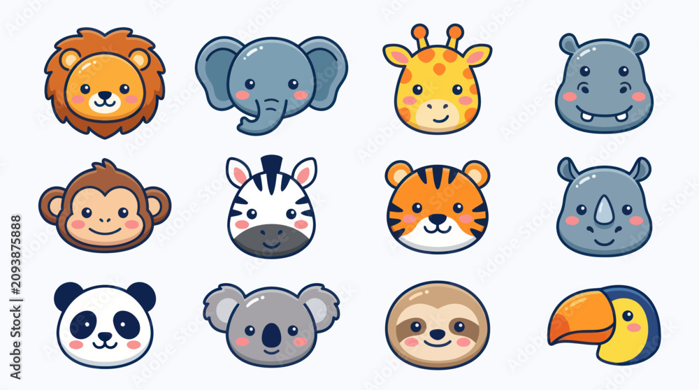Fototapeta premium Cute cartoon safari animal faces collection