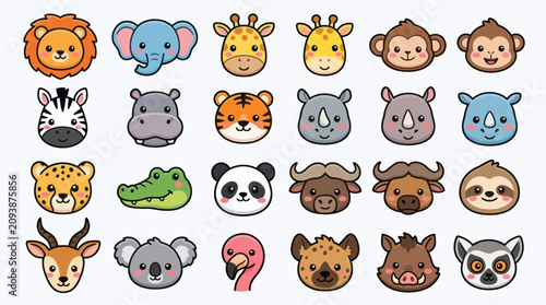 Canvas Print Cute cartoon safari animal faces collection