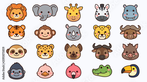 Canvas Print Cute cartoon safari animal faces collection